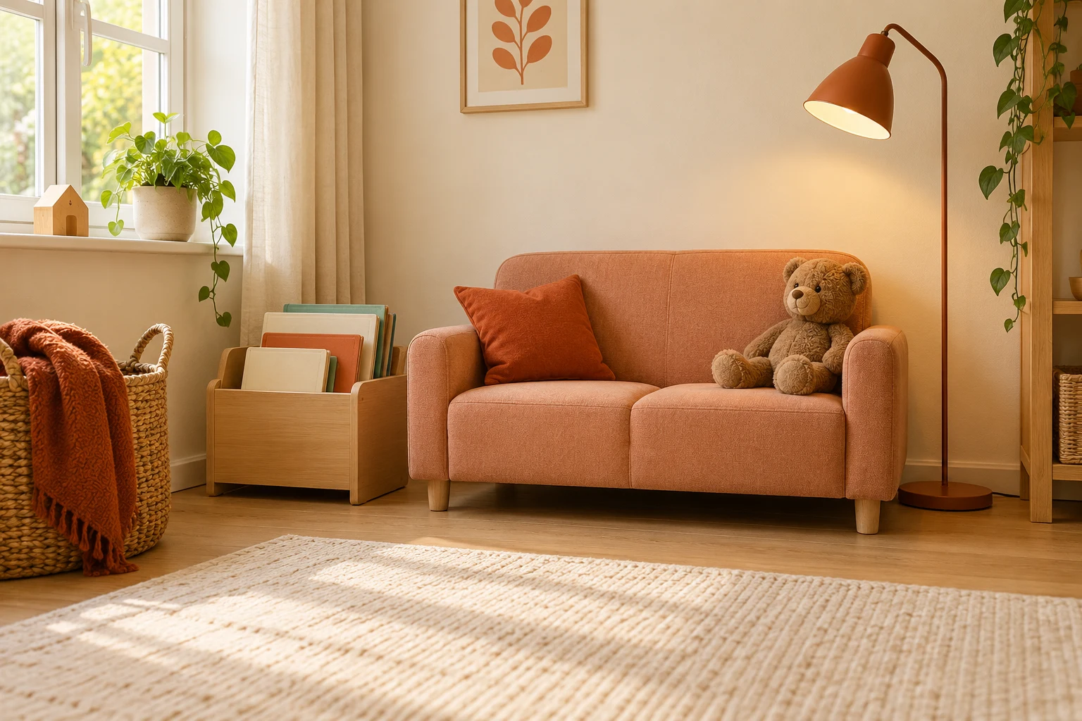Leseecke mit kleinem rosafarbenem Sofa, Bücherkiste, seitlicher Lampe und Teddybär bei freier Bodenfläche